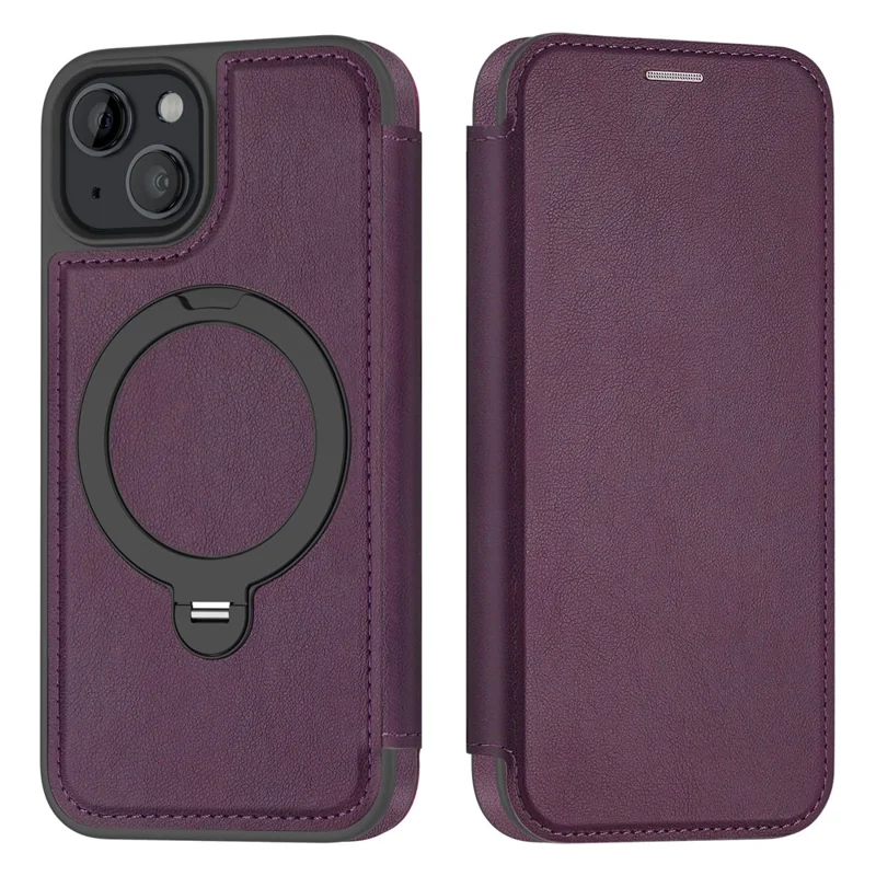 For iPhone 14 / 13 Case Compatible with MagSafe RFID Blocking Leather Wallet Cover with Rotating Ring Kickstand - Dark Purple