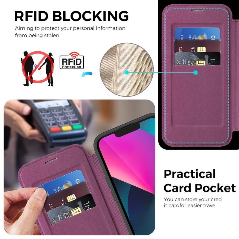 For iPhone 14 / 13 Case Compatible with MagSafe RFID Blocking Leather Wallet Cover with Rotating Ring Kickstand - Dark Purple