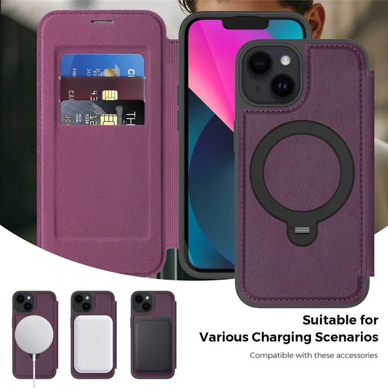 For iPhone 14 / 13 Case Compatible with MagSafe RFID Blocking Leather Wallet Cover with Rotating Ring Kickstand - Dark Purple