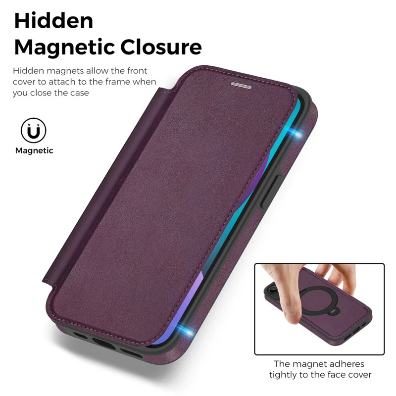 For iPhone 14 / 13 Case Compatible with MagSafe RFID Blocking Leather Wallet Cover with Rotating Ring Kickstand - Dark Purple