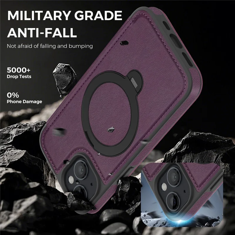 For iPhone 14 / 13 Case Compatible with MagSafe RFID Blocking Leather Wallet Cover with Rotating Ring Kickstand - Dark Purple