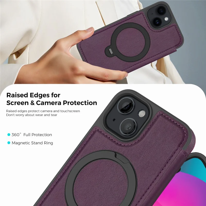 For iPhone 14 / 13 Case Compatible with MagSafe RFID Blocking Leather Wallet Cover with Rotating Ring Kickstand - Dark Purple