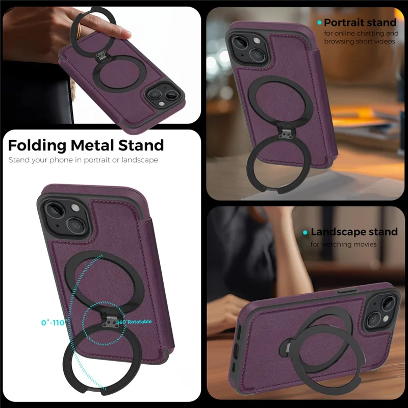 For iPhone 14 / 13 Case Compatible with MagSafe RFID Blocking Leather Wallet Cover with Rotating Ring Kickstand - Dark Purple
