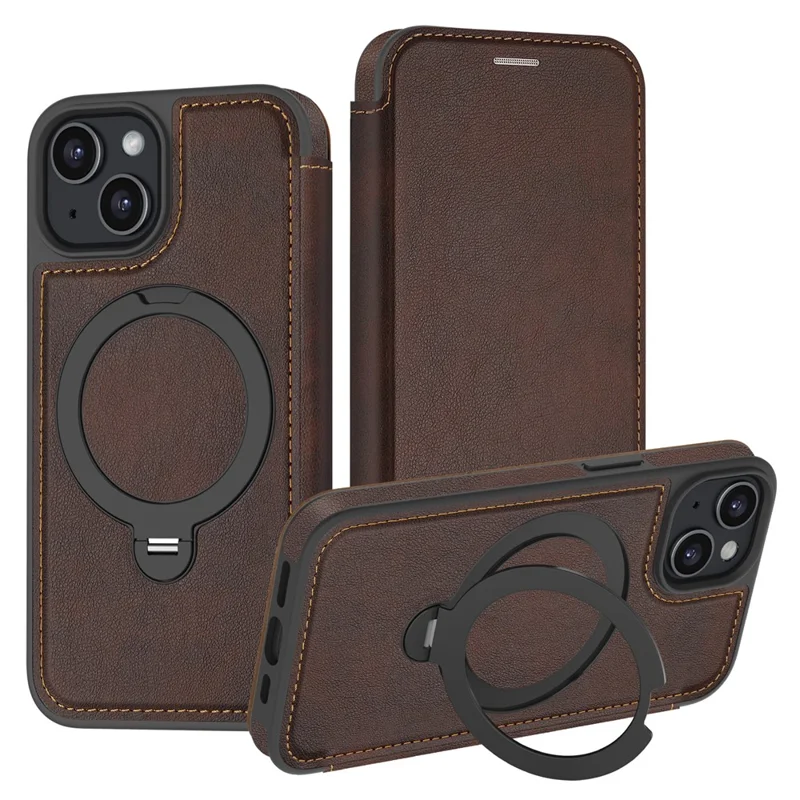 For iPhone 15 Case Compatible with MagSafe RFID Blocking Leather Wallet Cover with Rotating Ring Kickstand - Coffee