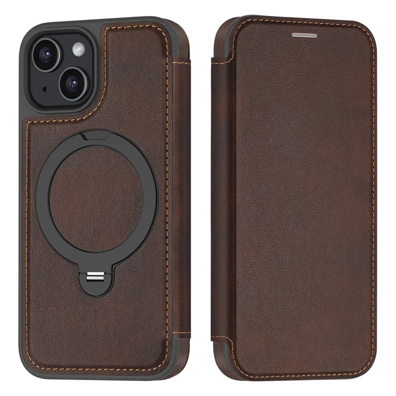For iPhone 15 Case Compatible with MagSafe RFID Blocking Leather Wallet Cover with Rotating Ring Kickstand - Coffee