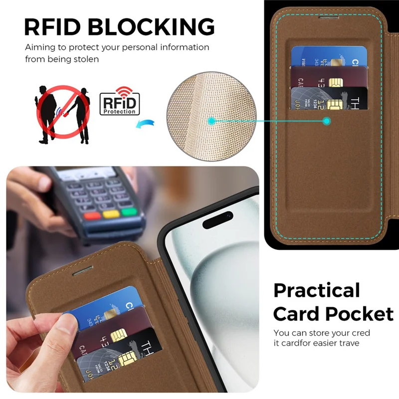 For iPhone 15 Case Compatible with MagSafe RFID Blocking Leather Wallet Cover with Rotating Ring Kickstand - Coffee