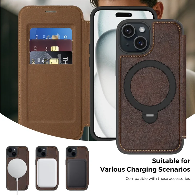 For iPhone 15 Case Compatible with MagSafe RFID Blocking Leather Wallet Cover with Rotating Ring Kickstand - Coffee