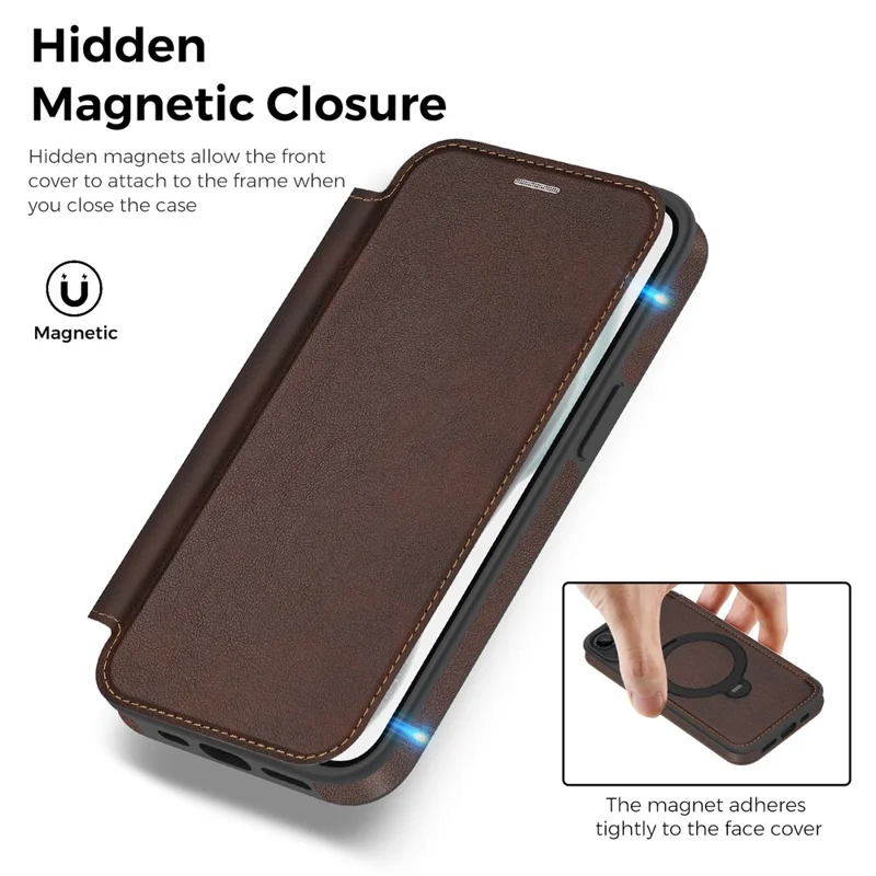 For iPhone 15 Case Compatible with MagSafe RFID Blocking Leather Wallet Cover with Rotating Ring Kickstand - Coffee