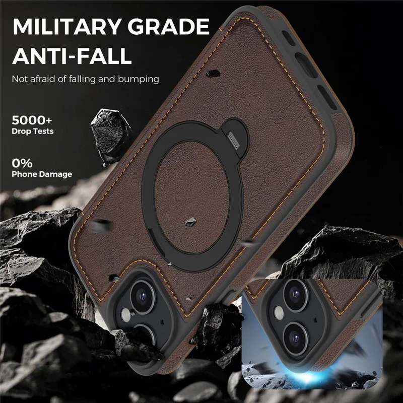 For iPhone 15 Case Compatible with MagSafe RFID Blocking Leather Wallet Cover with Rotating Ring Kickstand - Coffee