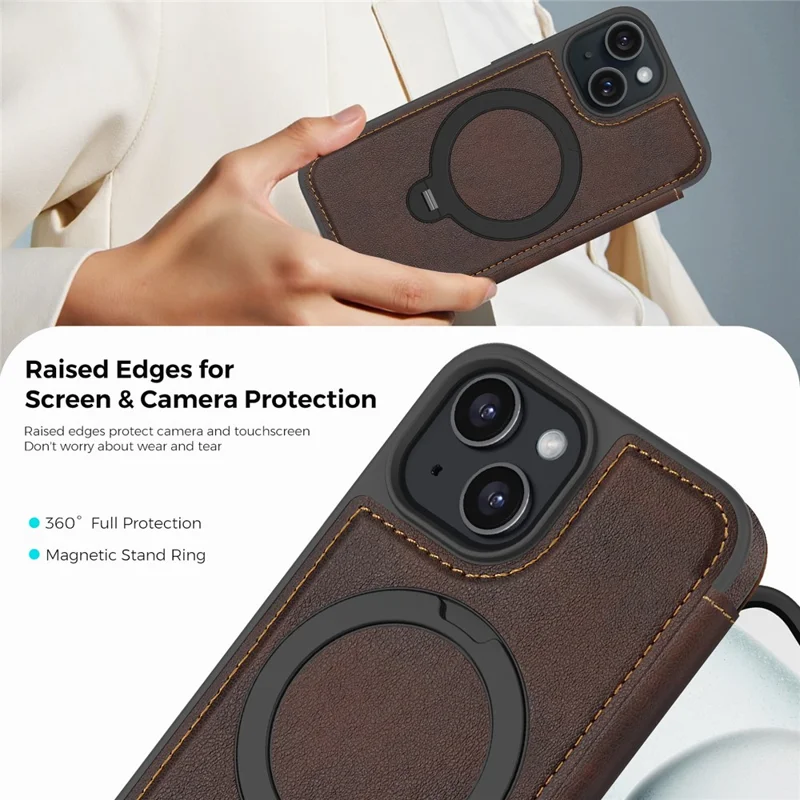 For iPhone 15 Case Compatible with MagSafe RFID Blocking Leather Wallet Cover with Rotating Ring Kickstand - Coffee