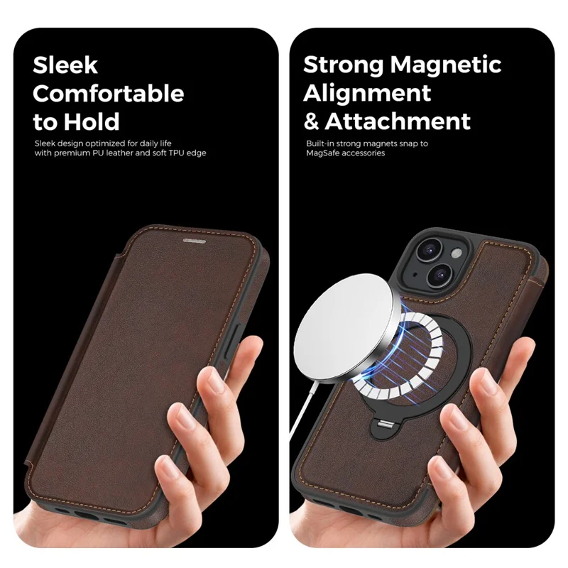 For iPhone 15 Case Compatible with MagSafe RFID Blocking Leather Wallet Cover with Rotating Ring Kickstand - Coffee