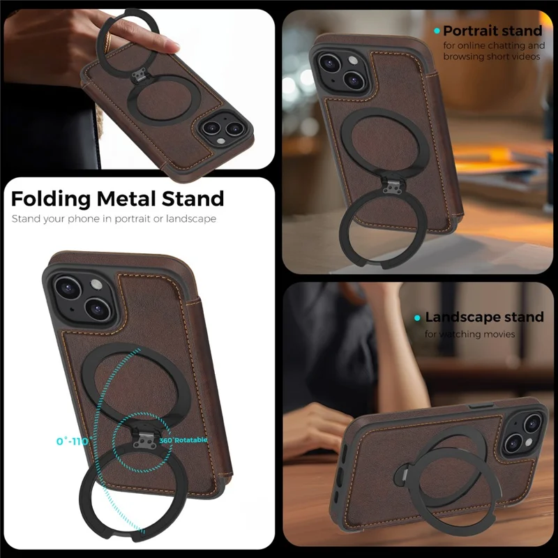 For iPhone 15 Case Compatible with MagSafe RFID Blocking Leather Wallet Cover with Rotating Ring Kickstand - Coffee