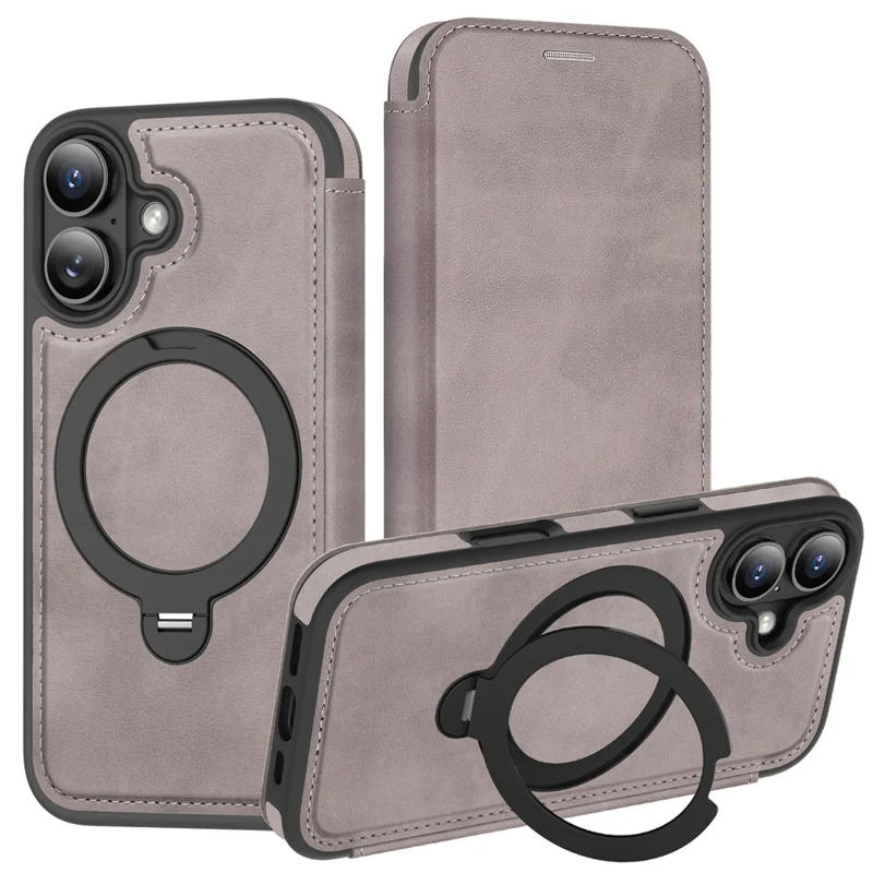For iPhone 16 Case Compatible with MagSafe RFID Blocking Leather Wallet Cover with Rotating Ring Kickstand - Titanium Grey
