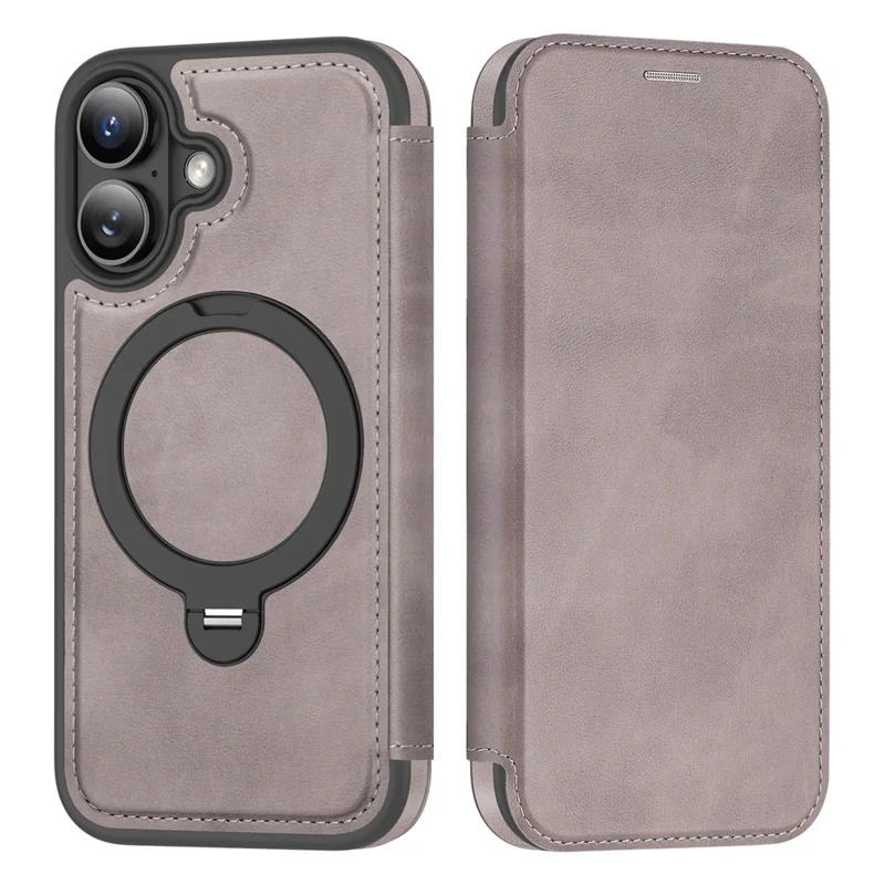 For iPhone 16 Case Compatible with MagSafe RFID Blocking Leather Wallet Cover with Rotating Ring Kickstand - Titanium Grey