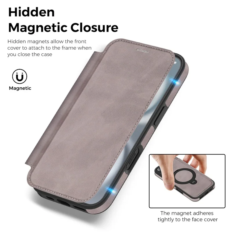 For iPhone 16 Case Compatible with MagSafe RFID Blocking Leather Wallet Cover with Rotating Ring Kickstand - Titanium Grey