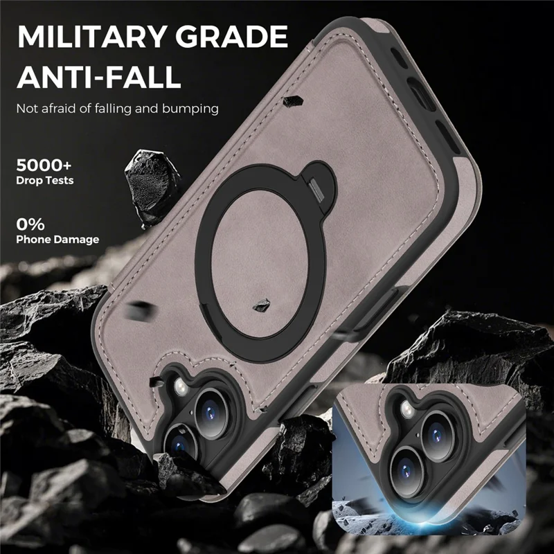 For iPhone 16 Case Compatible with MagSafe RFID Blocking Leather Wallet Cover with Rotating Ring Kickstand - Titanium Grey