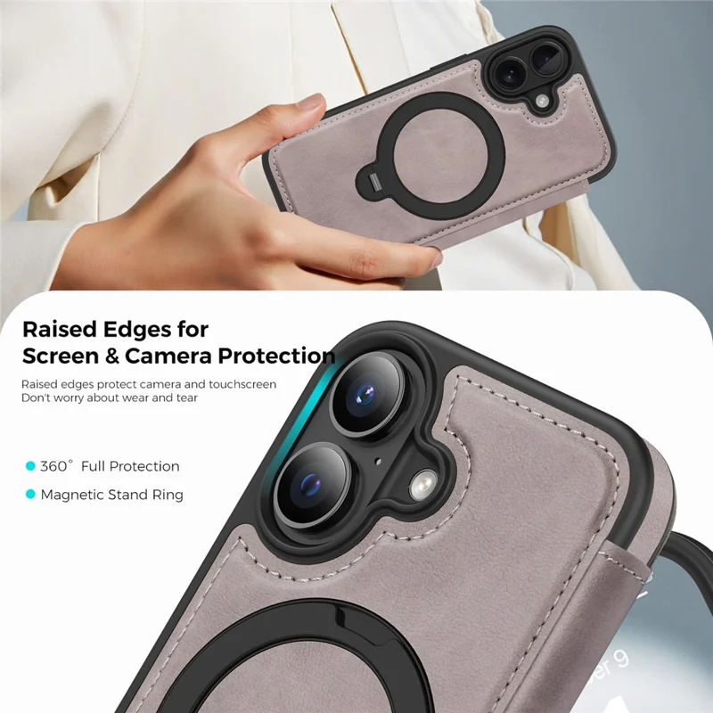 For iPhone 16 Case Compatible with MagSafe RFID Blocking Leather Wallet Cover with Rotating Ring Kickstand - Titanium Grey