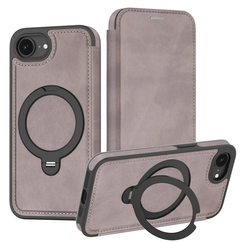 For iPhone 16e Case Compatible with MagSafe RFID Blocking Leather Wallet Cover with Rotating Ring Kickstand - Titanium Grey