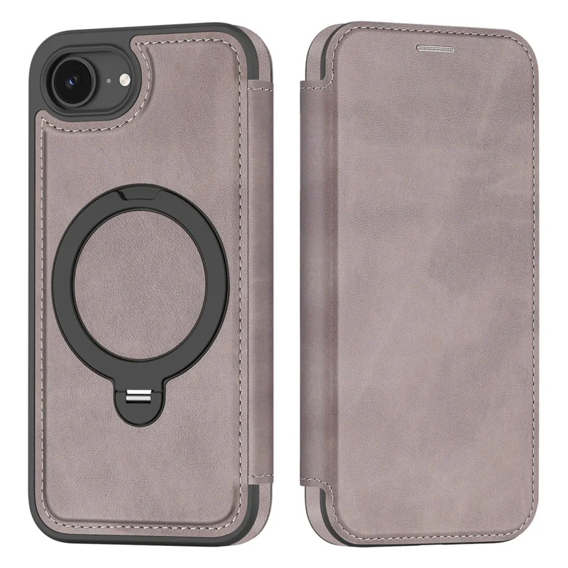 For iPhone 16e Case Compatible with MagSafe RFID Blocking Leather Wallet Cover with Rotating Ring Kickstand - Titanium Grey