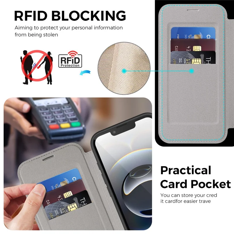 For iPhone 16e Case Compatible with MagSafe RFID Blocking Leather Wallet Cover with Rotating Ring Kickstand - Titanium Grey