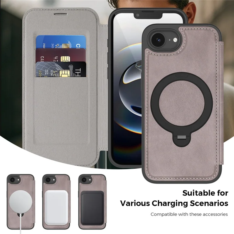 For iPhone 16e Case Compatible with MagSafe RFID Blocking Leather Wallet Cover with Rotating Ring Kickstand - Titanium Grey
