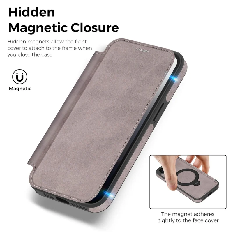 For iPhone 16e Case Compatible with MagSafe RFID Blocking Leather Wallet Cover with Rotating Ring Kickstand - Titanium Grey