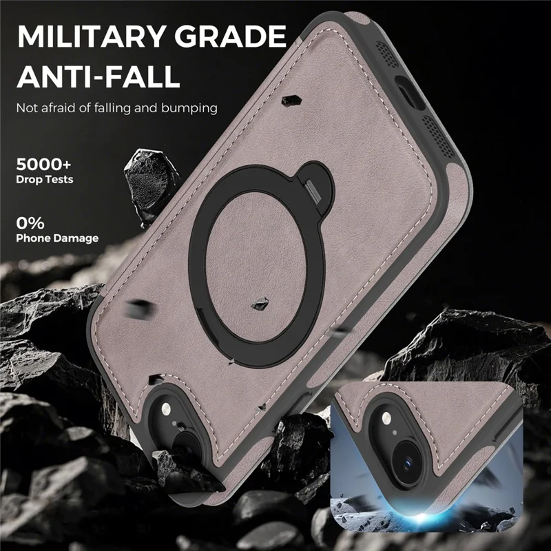 For iPhone 16e Case Compatible with MagSafe RFID Blocking Leather Wallet Cover with Rotating Ring Kickstand - Titanium Grey