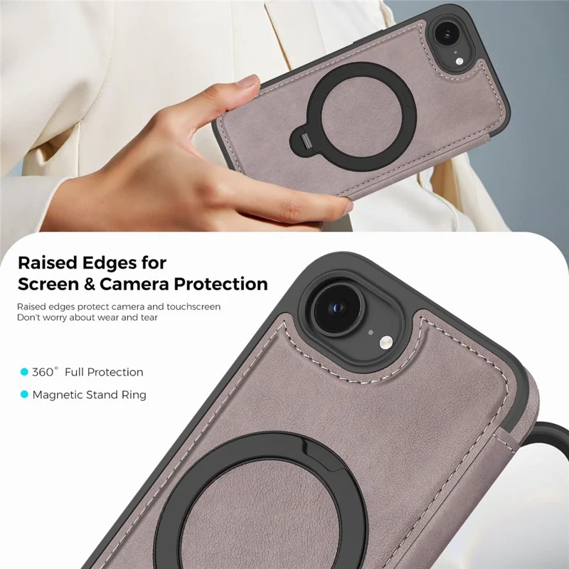 For iPhone 16e Case Compatible with MagSafe RFID Blocking Leather Wallet Cover with Rotating Ring Kickstand - Titanium Grey