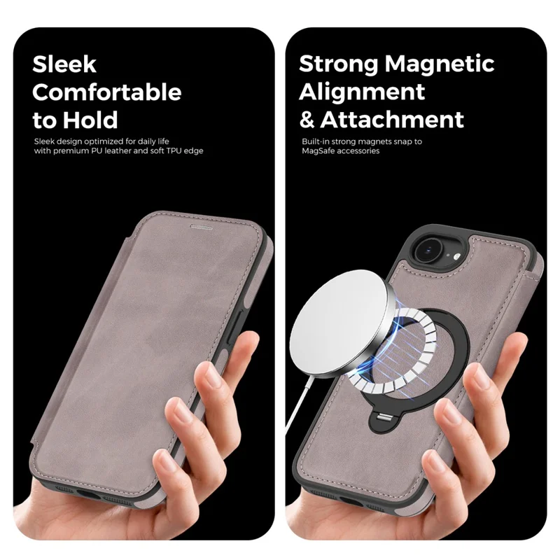 For iPhone 16e Case Compatible with MagSafe RFID Blocking Leather Wallet Cover with Rotating Ring Kickstand - Titanium Grey