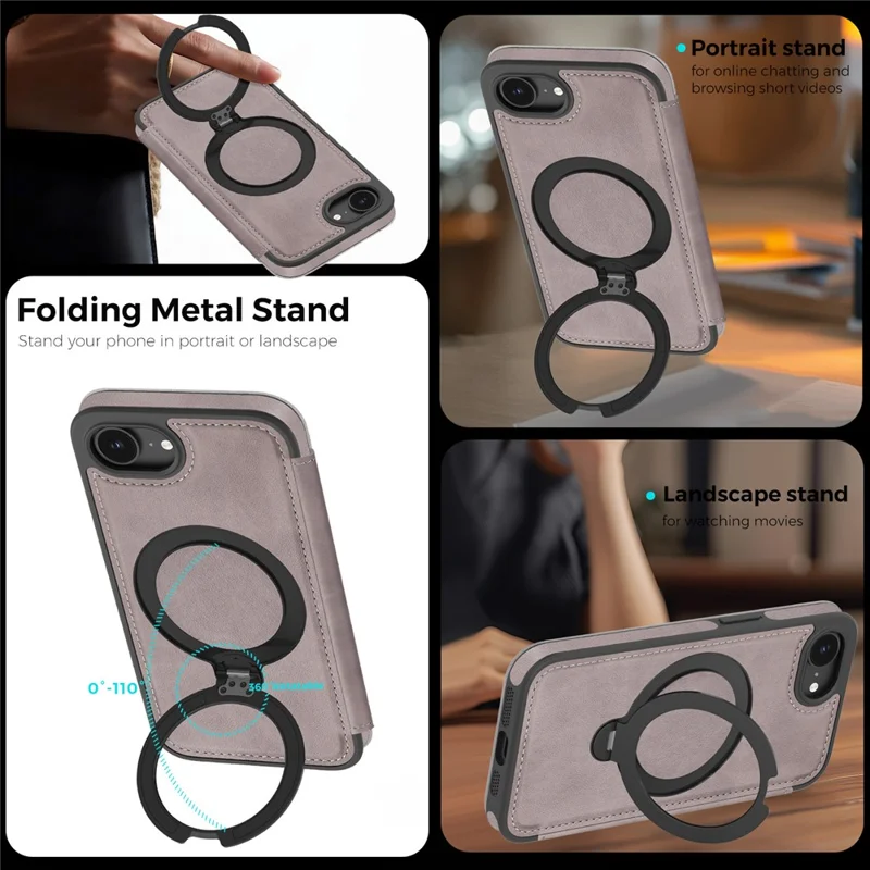 For iPhone 16e Case Compatible with MagSafe RFID Blocking Leather Wallet Cover with Rotating Ring Kickstand - Titanium Grey