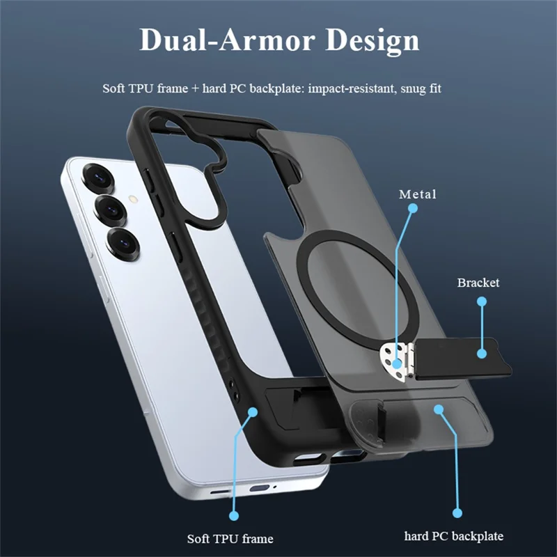 LEREACH Le-Chic Series for Samsung Galaxy S26+ Magnetic Case TPU + PC Kickstand Phone Cover - Black