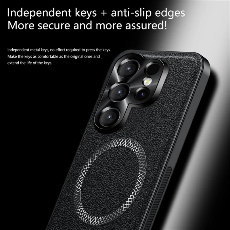 For Samsung Galaxy S26 Ultra Case PU TPU PC Phone Back Cover with Metal Lens Frame - Black