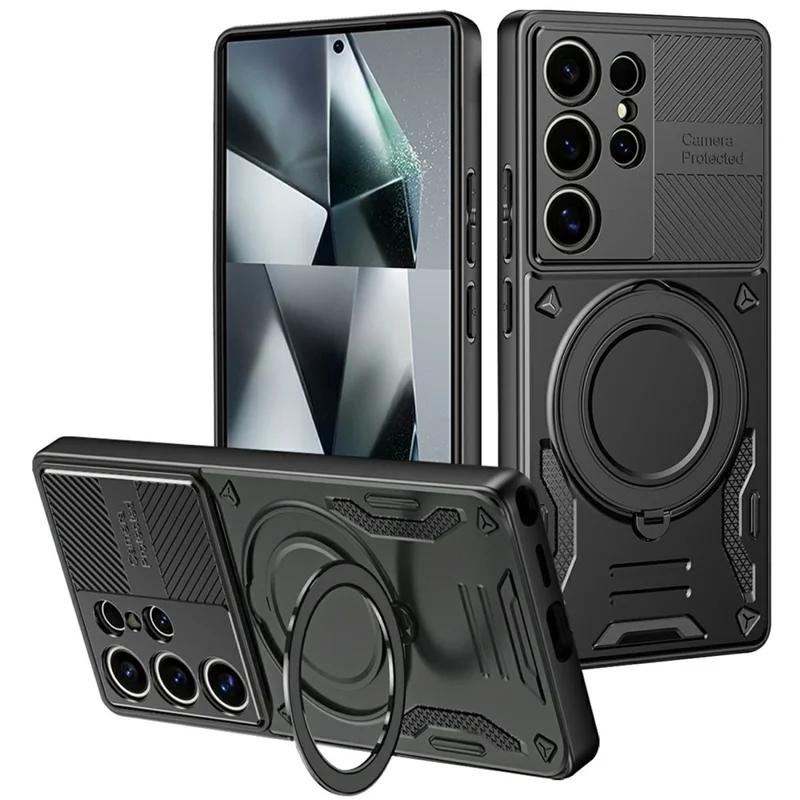 For Samsung Galaxy S26 Ultra Magnetic Case Shockproof TPU + PC Phone Back Cover with Kickstand - Black