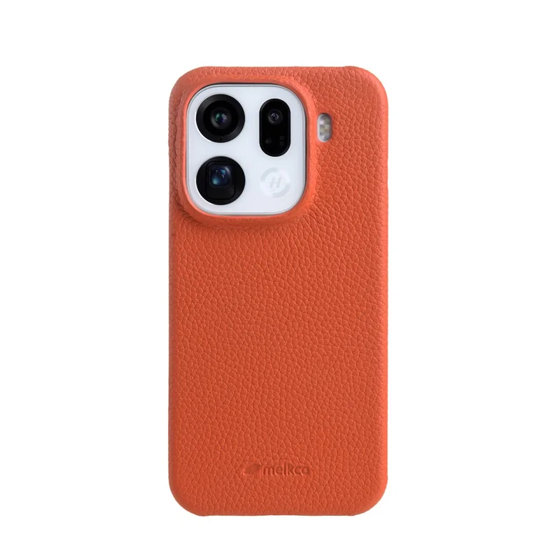 MELKCO For Oppo Find X9 Pro 5G Case Incomplete Edge Genuine Cow Leather Coated PC Cover - Orange