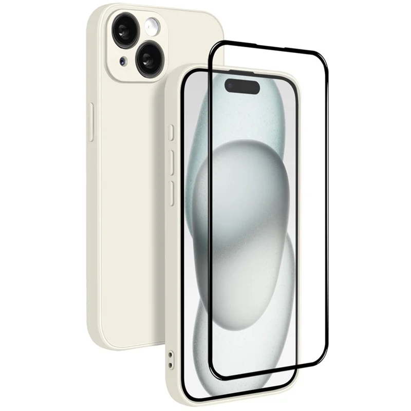 NORTHJO For iPhone 15 Silicone Case with High Aluminium-Silicon Glass Film, Shockproof Phone Cover - White