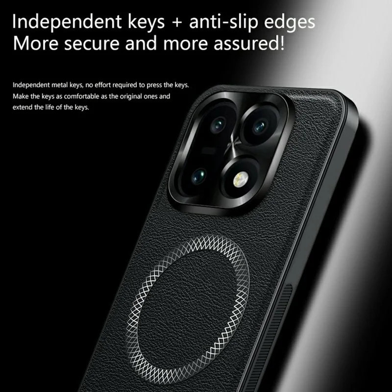 For OnePlus 15 5G Magnetic Case PU TPU PC Phone Back Cover with Metal Lens Frame - Black