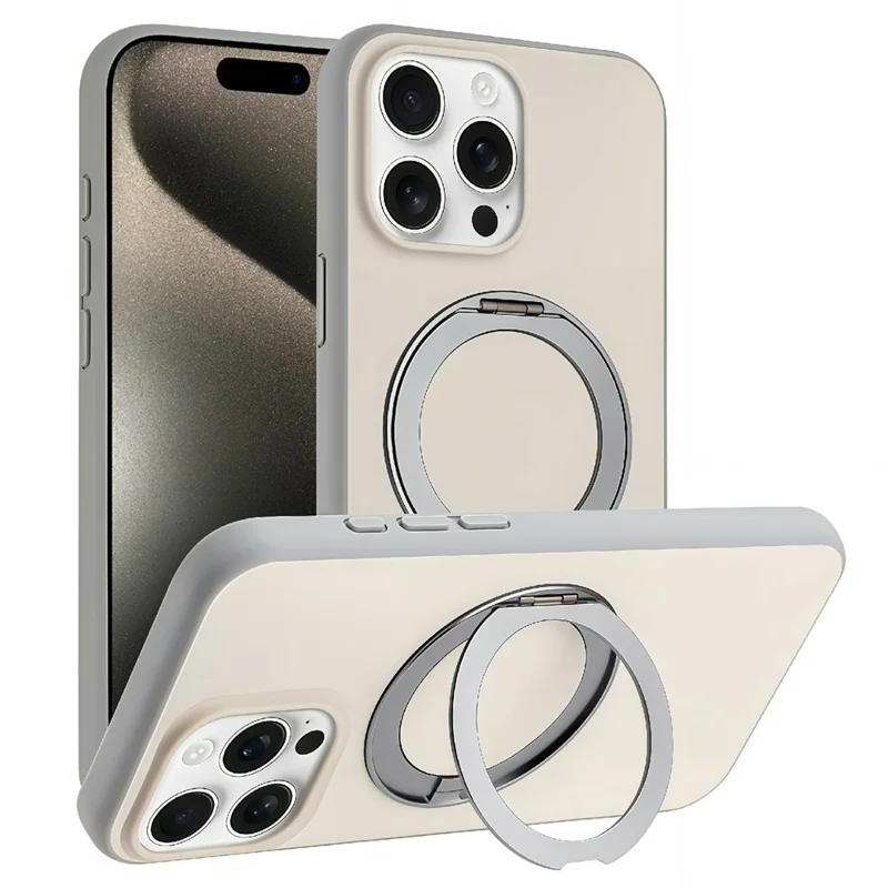 For iPhone 15 Pro Magnetic Case Rotary Kickstand Skin Touch PC + TPU Phone Cover Support Wireless Charging - Grey