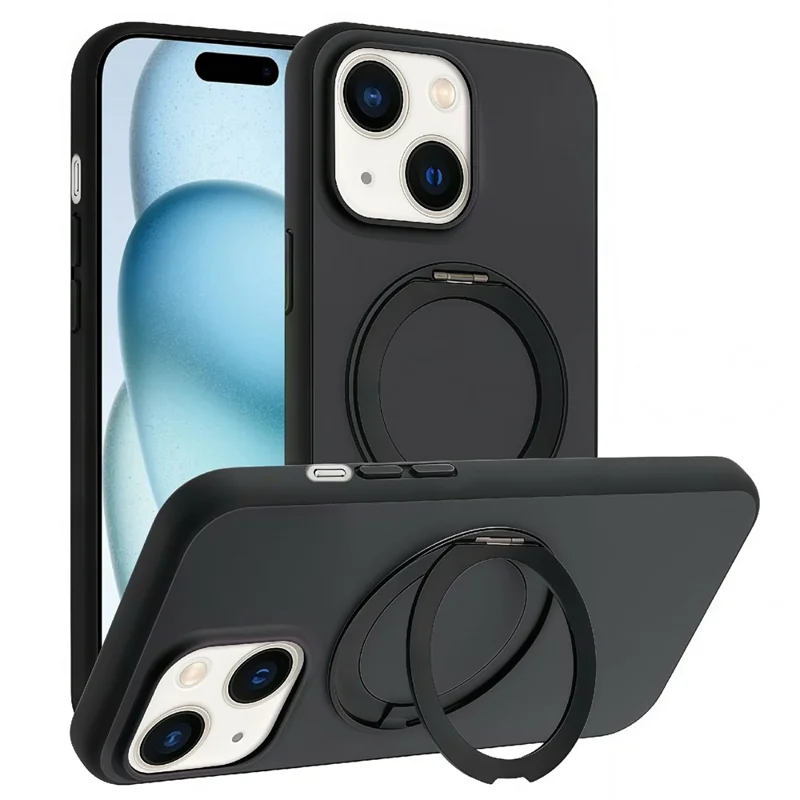 For iPhone 15 Magnetic Case Rotary Kickstand Skin Touch PC + TPU Phone Cover Support Wireless Charging - Black