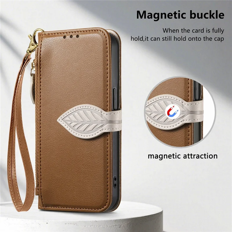 Stand Case for Honor Magic8 Lite 5G / X9d 5G / X70 5G Leaf Shape Magnetic Clasp Leather Phone Cover with Hand Strap - Brown