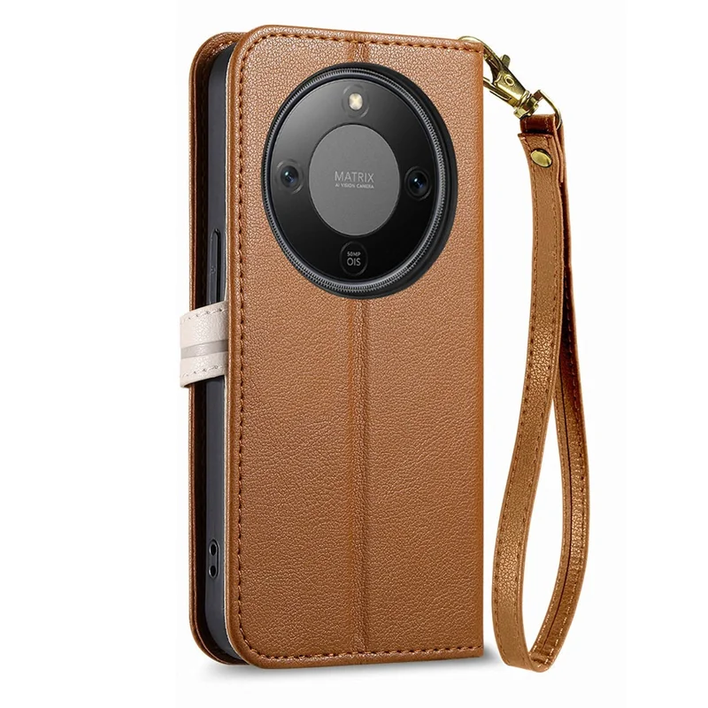 Stand Case for Honor Magic8 Lite 5G / X9d 5G / X70 5G Leaf Shape Magnetic Clasp Leather Phone Cover with Hand Strap - Brown