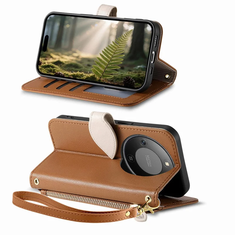 Stand Case for Honor Magic8 Lite 5G / X9d 5G / X70 5G Leaf Shape Magnetic Clasp Leather Phone Cover with Hand Strap - Brown