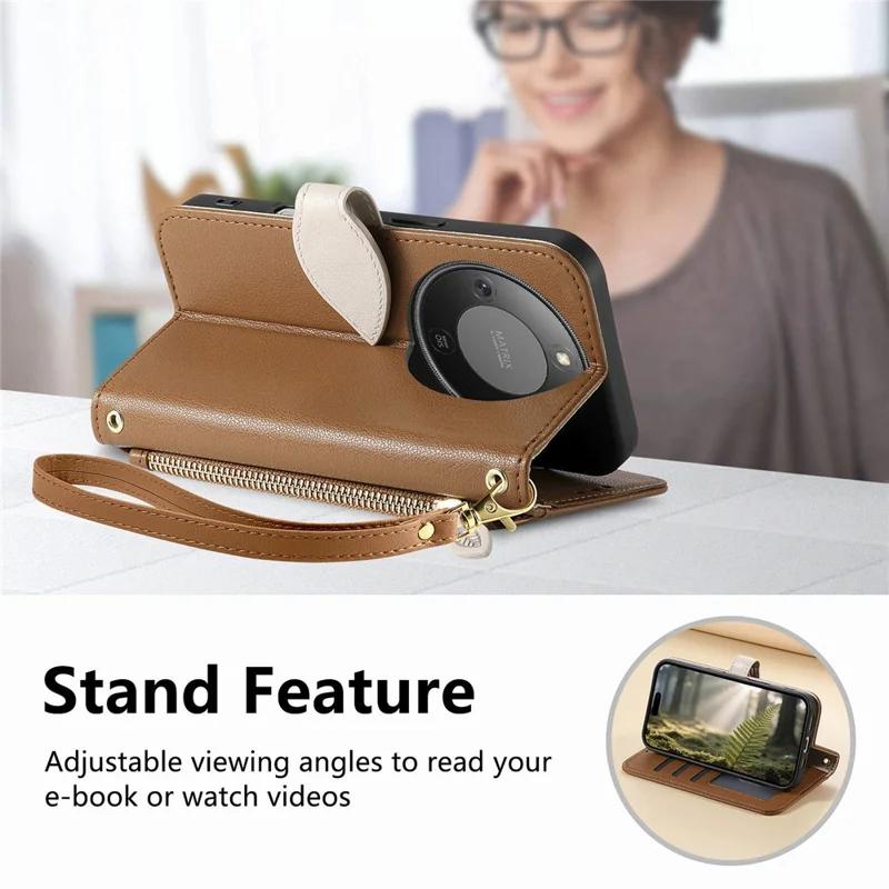 Stand Case for Honor Magic8 Lite 5G / X9d 5G / X70 5G Leaf Shape Magnetic Clasp Leather Phone Cover with Hand Strap - Brown