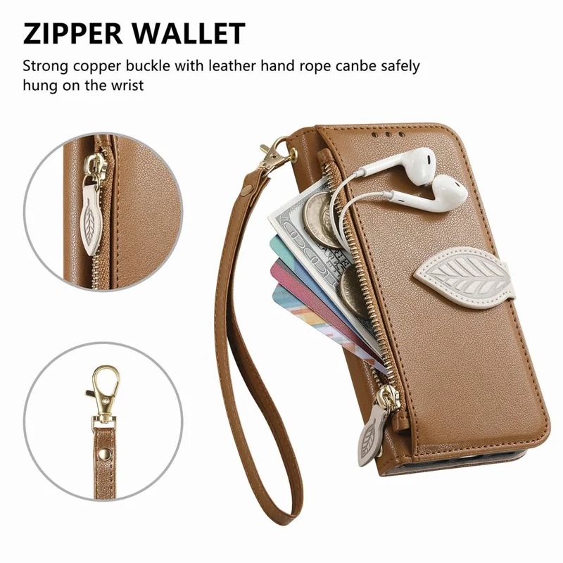 Stand Case for Honor Magic8 Lite 5G / X9d 5G / X70 5G Leaf Shape Magnetic Clasp Leather Phone Cover with Hand Strap - Brown