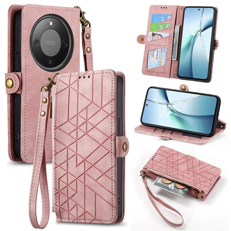 For Honor Magic8 Lite 5G / X9d 5G / X70 5G Case Zipper Wallet Geometry Lines Leather Phone Cover with Strap - Pink