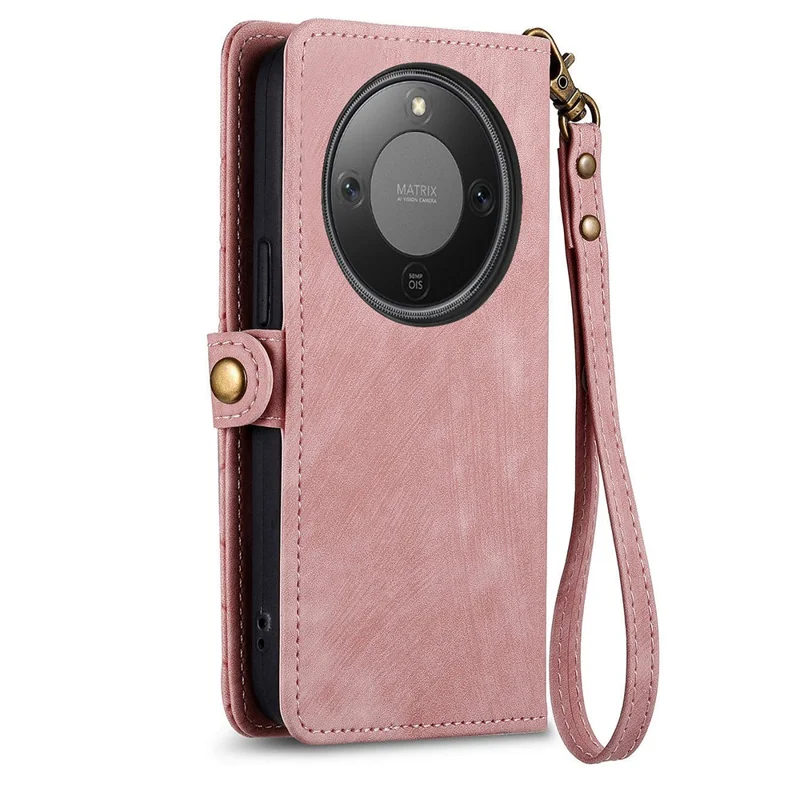 For Honor Magic8 Lite 5G / X9d 5G / X70 5G Case Zipper Wallet Geometry Lines Leather Phone Cover with Strap - Pink