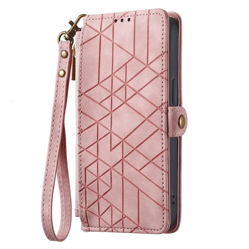 For Honor Magic8 Lite 5G / X9d 5G / X70 5G Case Zipper Wallet Geometry Lines Leather Phone Cover with Strap - Pink