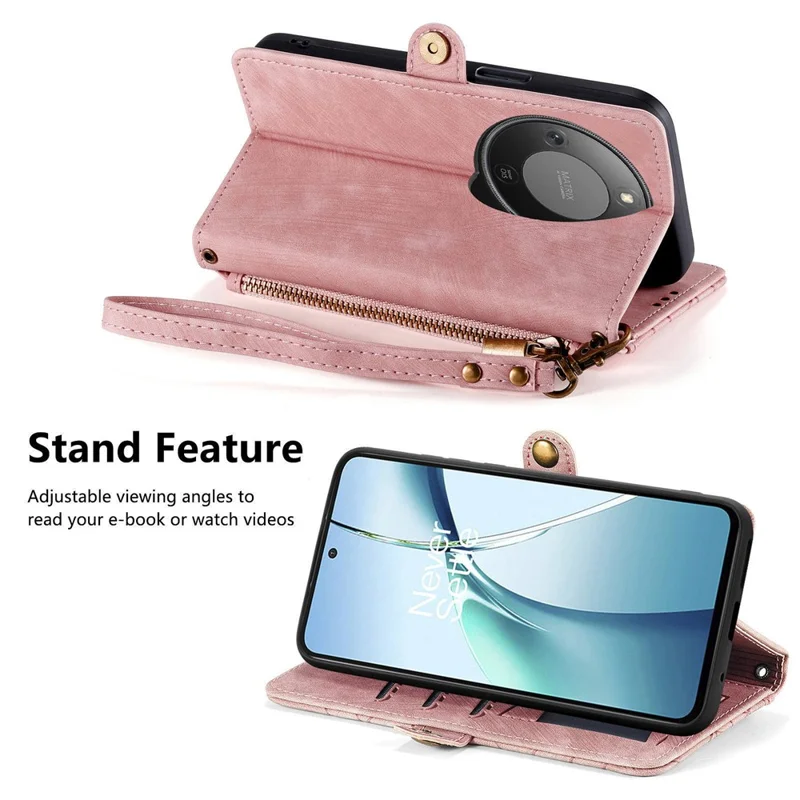 For Honor Magic8 Lite 5G / X9d 5G / X70 5G Case Zipper Wallet Geometry Lines Leather Phone Cover with Strap - Pink