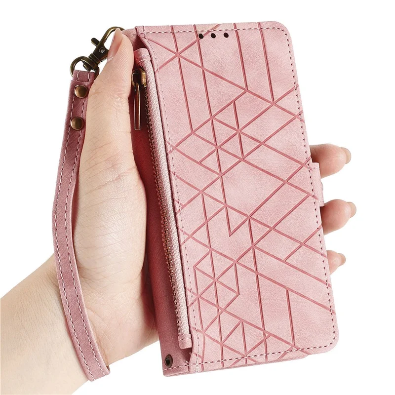 For Honor Magic8 Lite 5G / X9d 5G / X70 5G Case Zipper Wallet Geometry Lines Leather Phone Cover with Strap - Pink