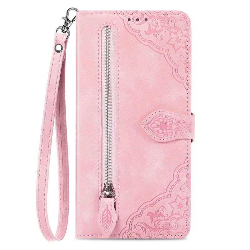 For Honor Magic8 Lite 5G / X9d 5G / X70 5G Zipper Wallet Case with Strap Flower Imprint PU Leather Phone Cover - Pink