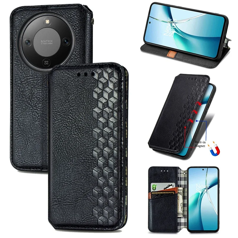 For Honor Magic8 Lite 5G / X9d 5G / X70 5G Case Rhombus Imprint PU Leather Wallet Phone Cover - Black